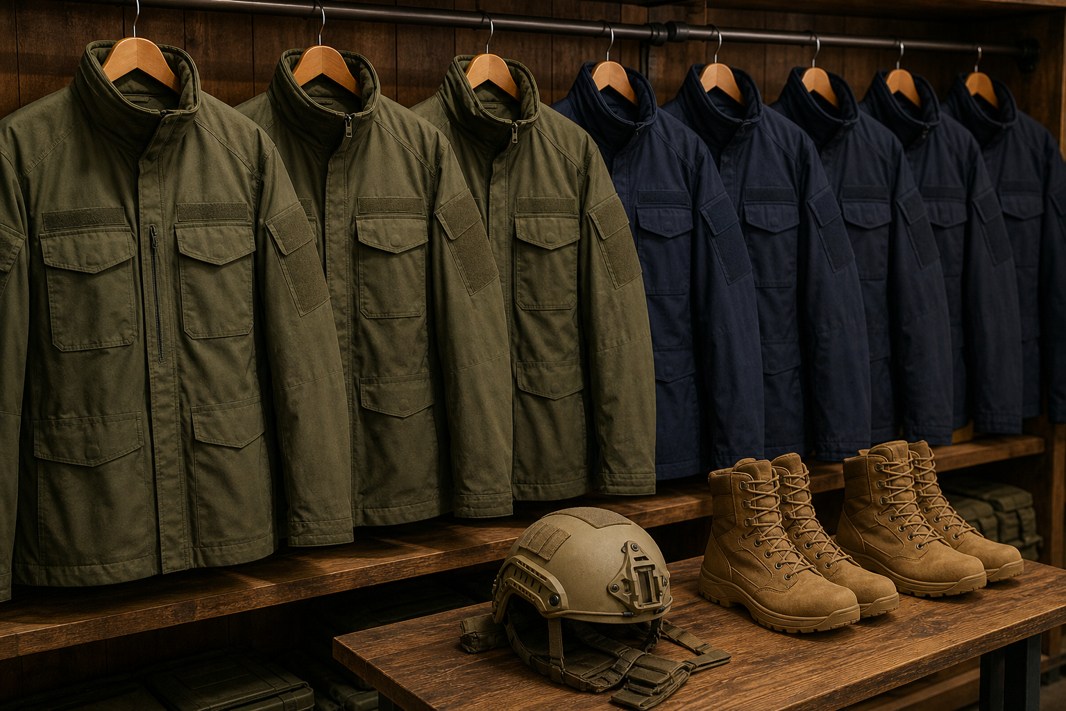 Tactical uniforms, jackets, and protective apparel display